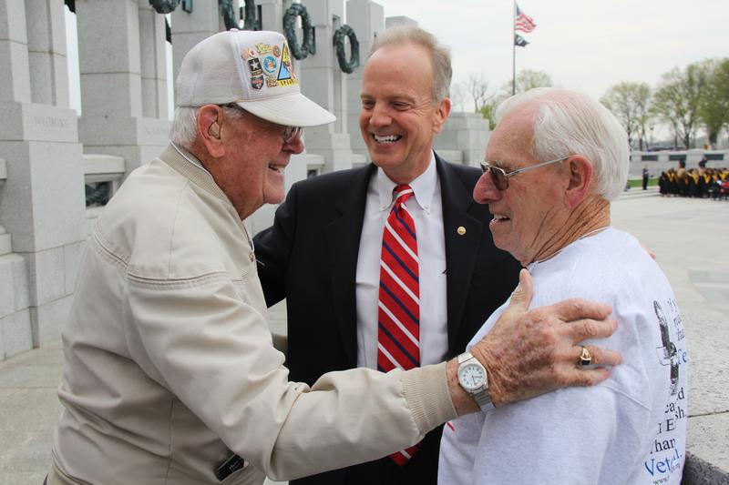 Senator Moran met with Veterans, in Washington with Honor Flight, at the World War 2 Memorial